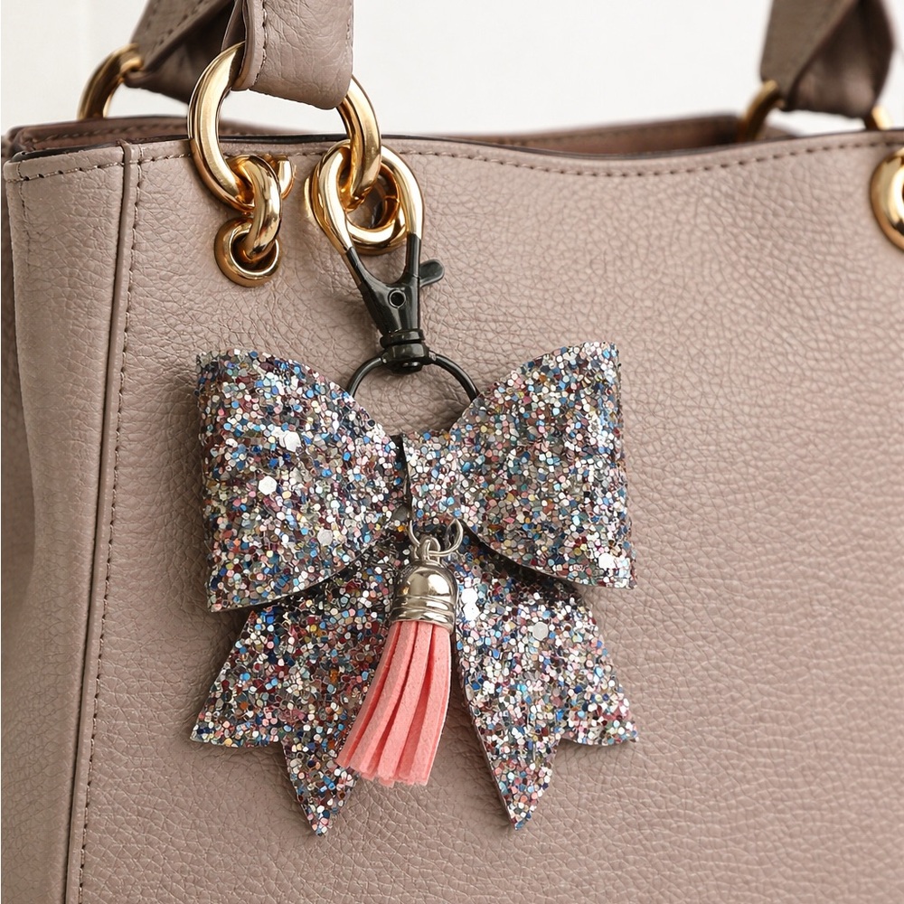 Grey, silver and Pink Glitter Bow Bag Charm Key Chain